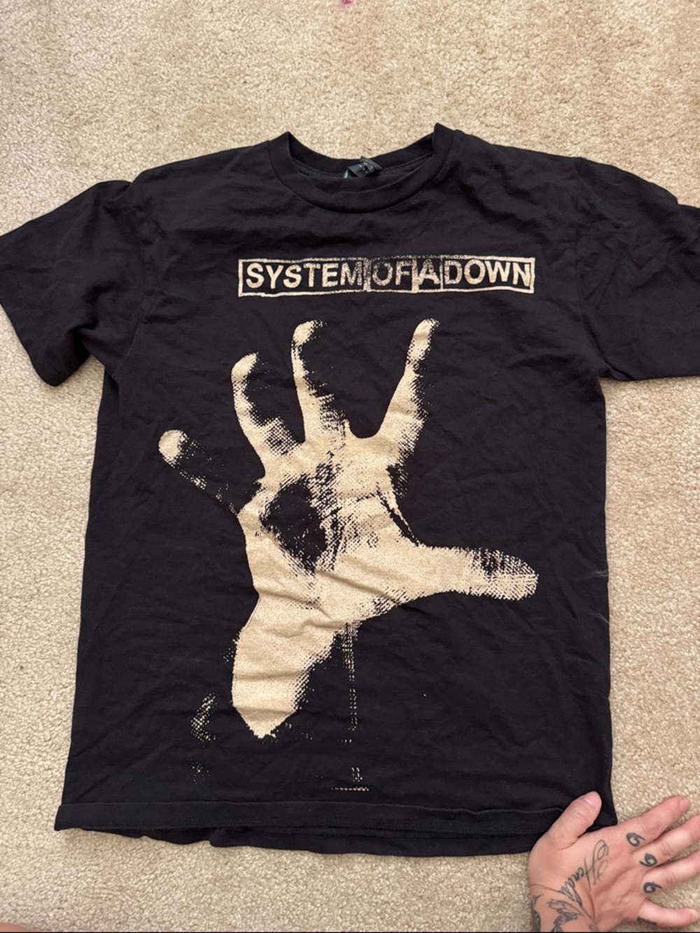 Source Unknown System Of A Down Black Tee with Beige Hand Graphic